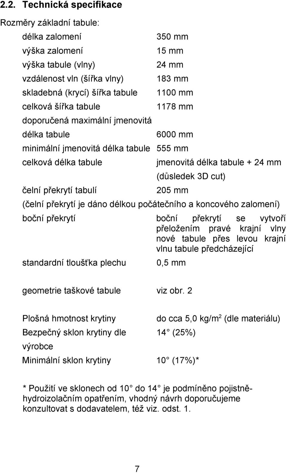 překrytí tabulí 205 mm (čelní překrytí je dáno délkou počátečního a koncového zalomení) boční překrytí boční překrytí se vytvoří přeložením pravé krajní vlny nové tabule přes levou krajní vlnu tabule