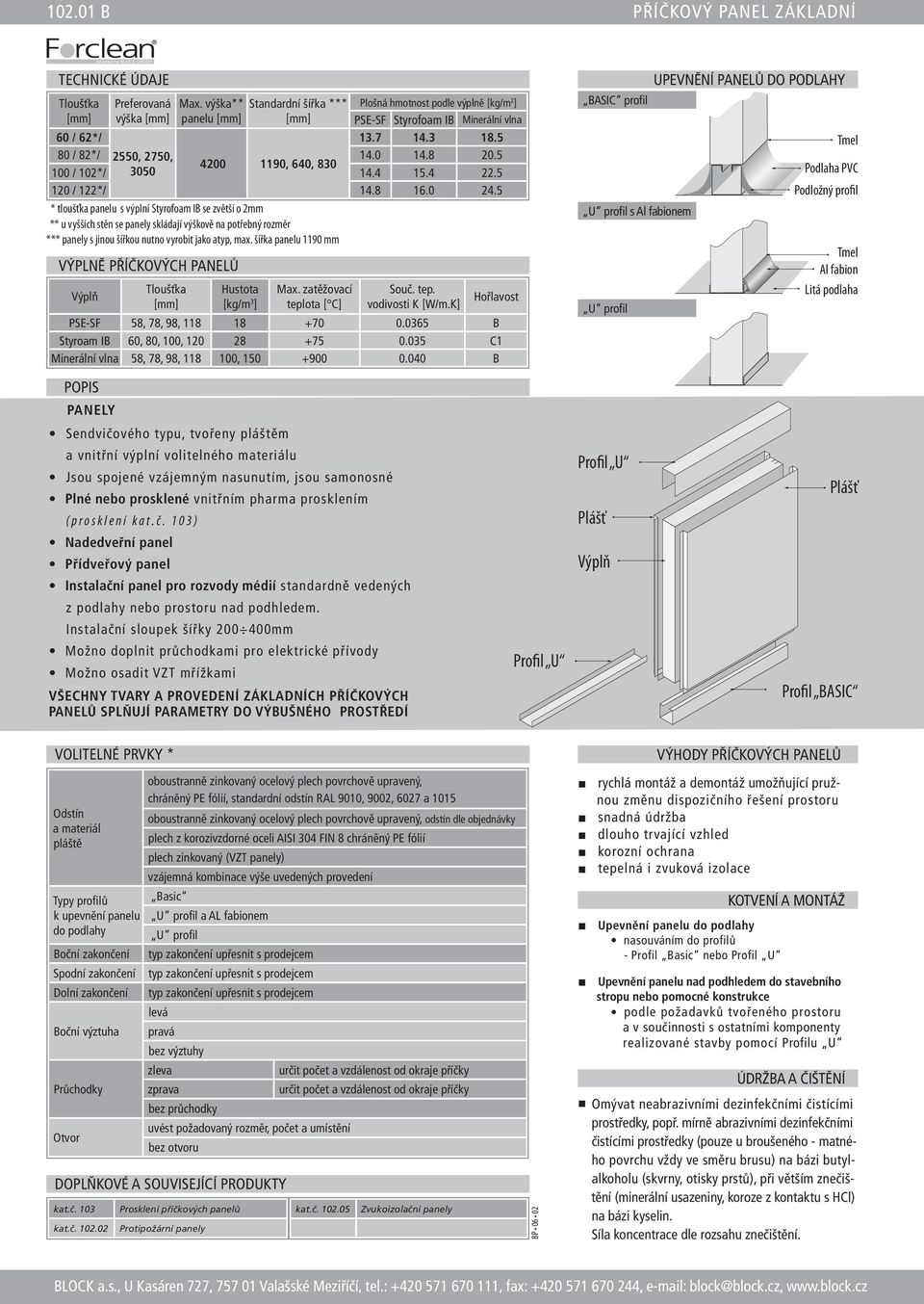 šířka panelu 1190 mm VÝPLNĚ PŘÍČKOVÝCH PANELŮ Výplň Preferovaná výška Tloušťka Max. výška** panelu Hustota [kg/m 3 ] Standardní šířka *** Max.