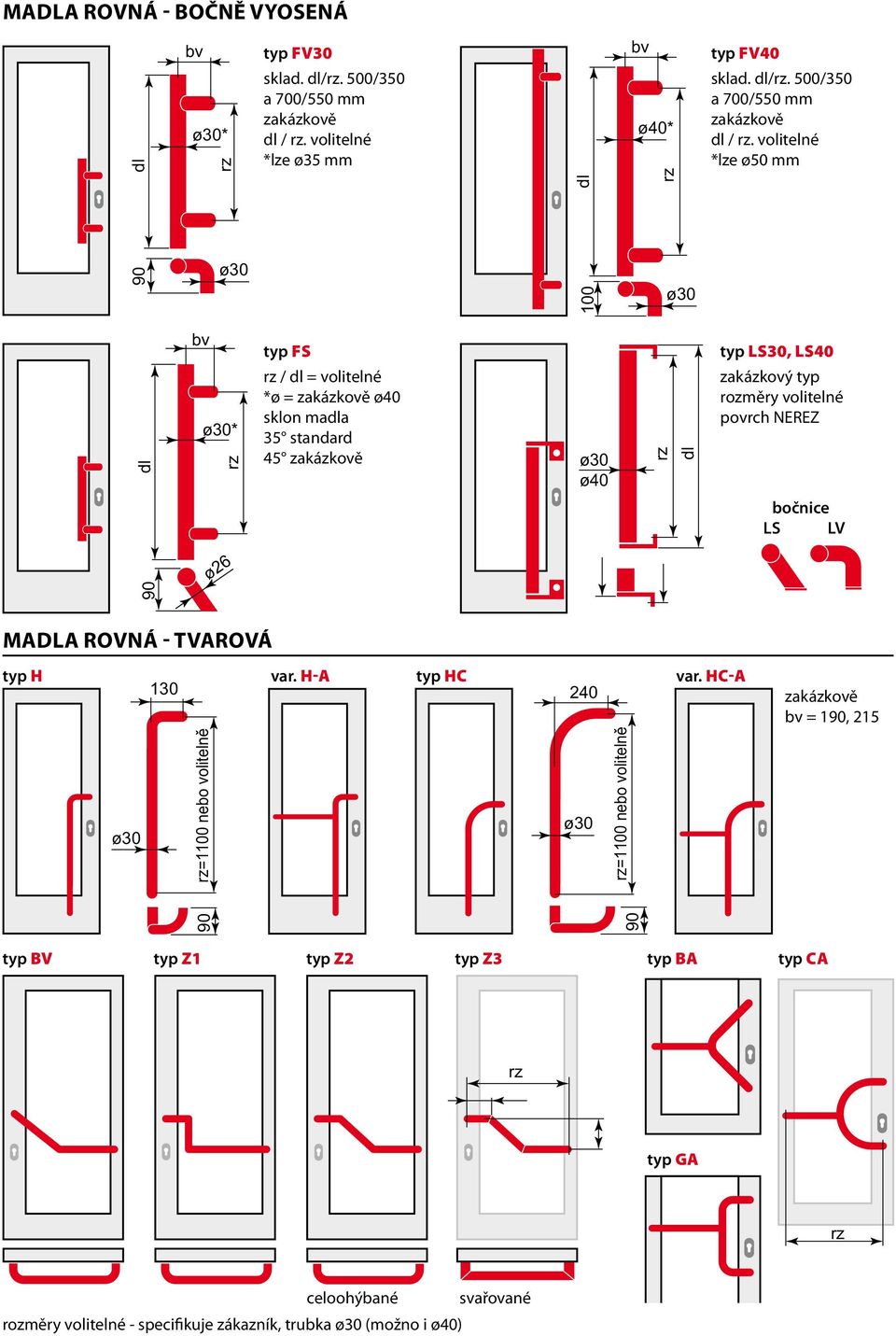 volitelné *lze mm 100 * typ FS / = volitelné *ø = zakázkově ø40 sklon maa 35 standard 45 zakázkově ø40 typ LS30, LS40 zakázkový typ rozměry