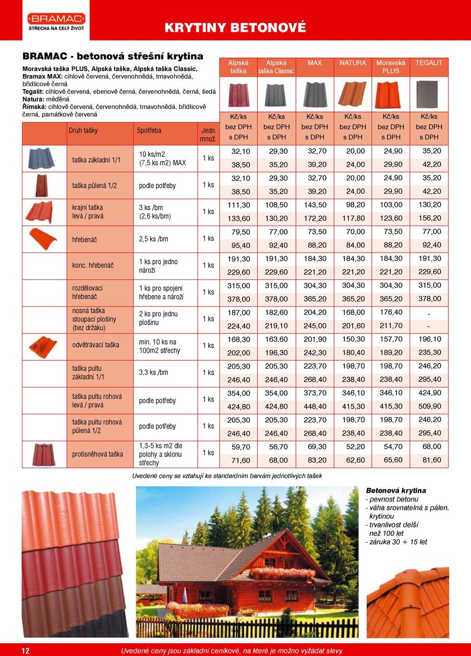 Alpská taška Kč/ s DPH Alpská taška Classic Kč/ s DPH MAX NATURA Moravská PLUS Kč/ s DPH Kč/ s DPH Kč/ s DPH TEGALIT Kč/ s DPH taška základní 1/1 10 /m2 (7,5 m2) MAX 1 32,10 38,50 29,30 35,20 32,70
