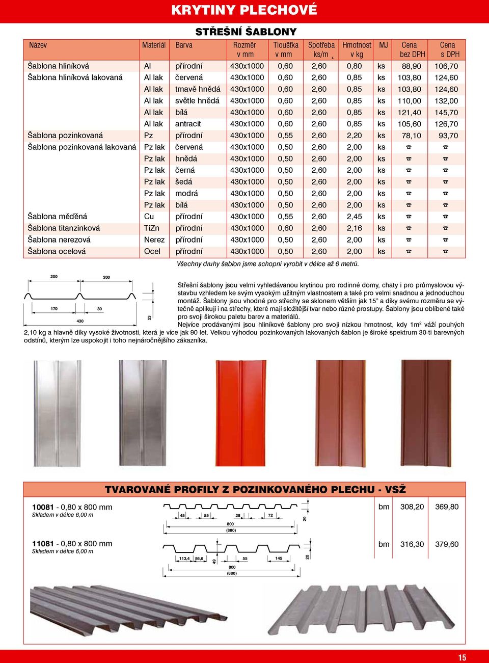 430x1000 0,60 2,60 0,85 121,40 145,70 Al lak antracit 430x1000 0,60 2,60 0,85 105,60 126,70 Šablona pozinkovaná Pz přírodní 430x1000 0,55 2,60 2,20 78,10 93,70 Šablona pozinkovaná lakovaná Pz lak