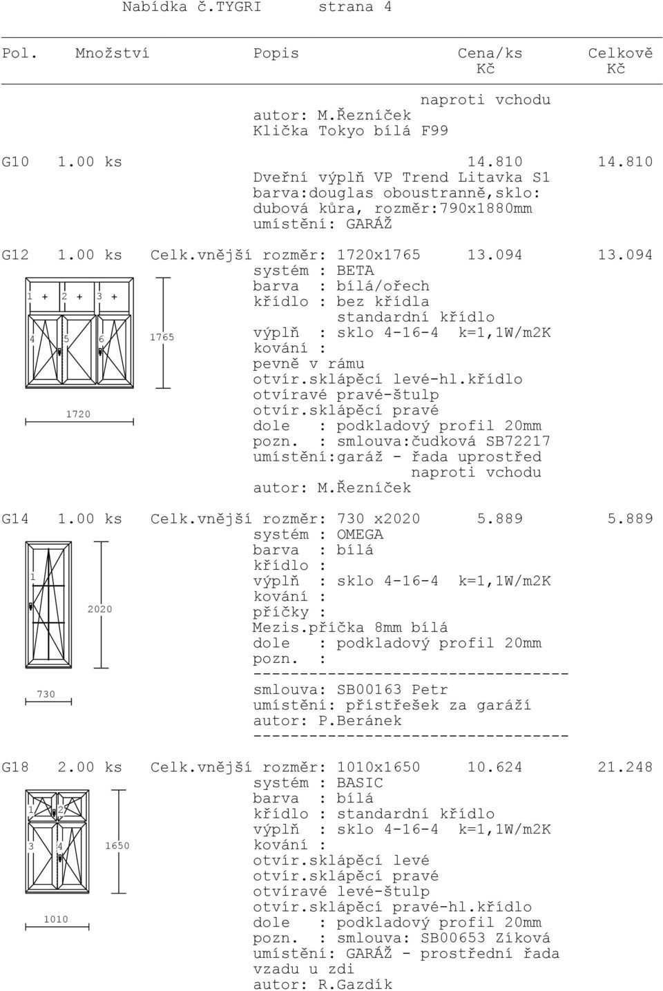 094 systém : BETA /ořech 4 2 5 3 6 765 standardní křídlo výplň : sklo 4-6-4 k=,w/m2k pevně v rámu otvír.sklápěcí levé-hl.křídlo otvíravé pravé-štulp 720 otvír.