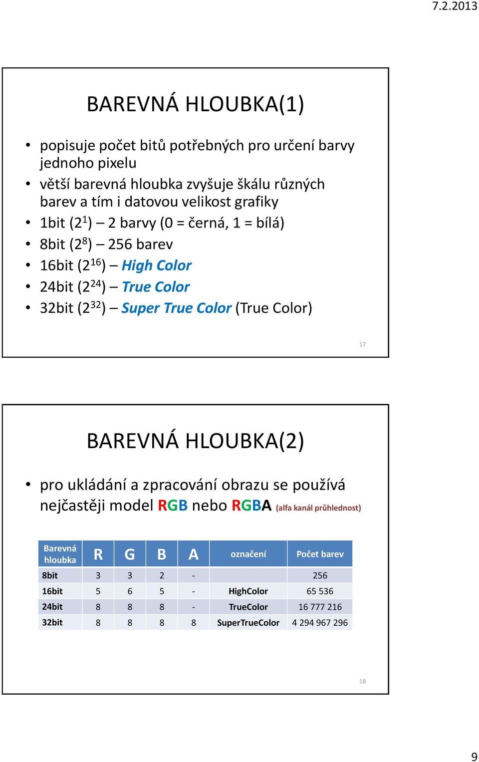 True Color (True Color) 17 BAREVNÁ HLOUBKA(2) pro ukládání a zpracování obrazu se používá nejčastěji model RGB nebo RGBA (alfa kanál průhlednost) Barevná