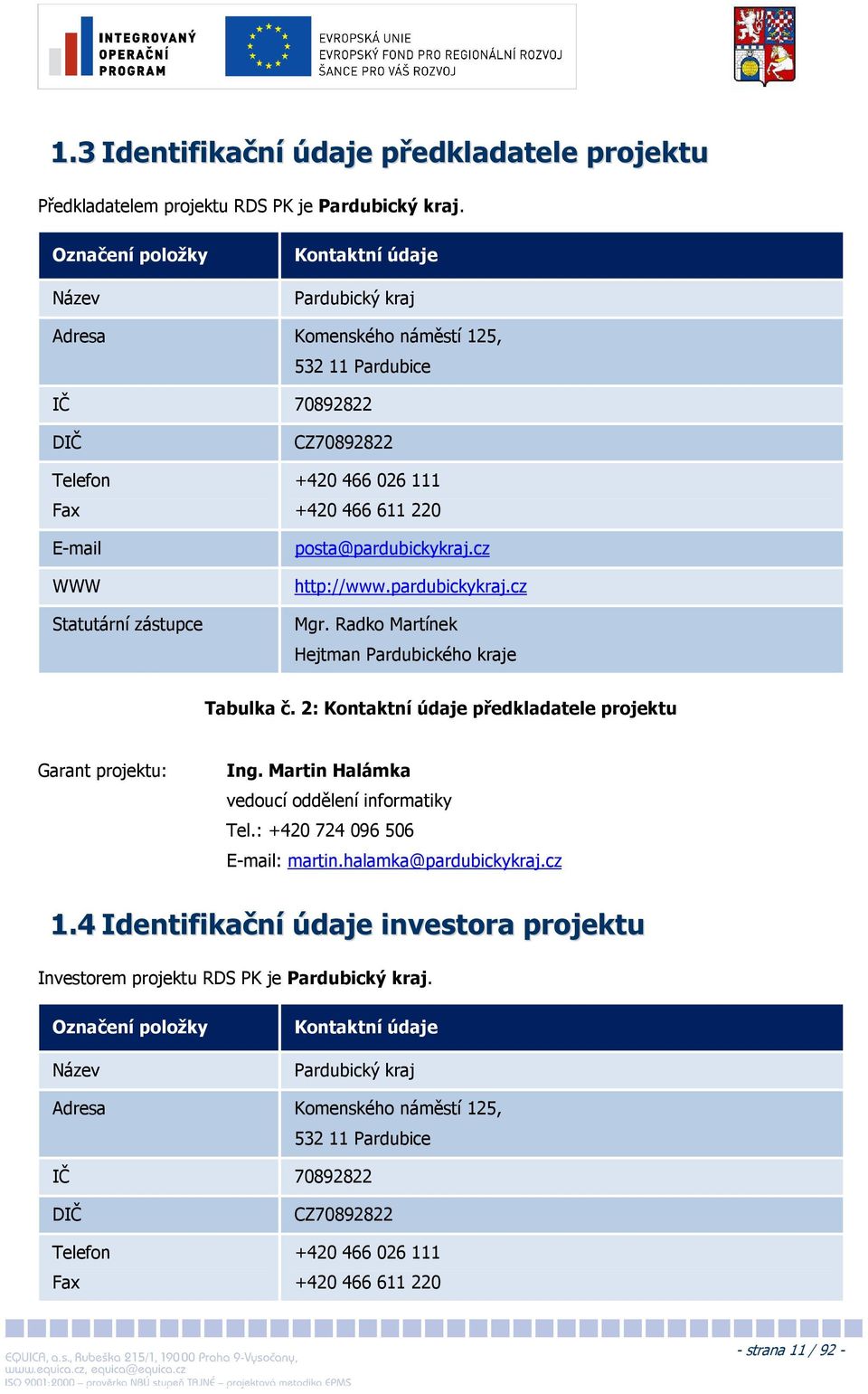 611 220 posta@pardubickykraj.cz http://www.pardubickykraj.cz Mgr. Radko Martínek Hejtman Pardubického kraje Tabulka č. 2: Kontaktní údaje předkladatele projektu Garant projektu: Ing.