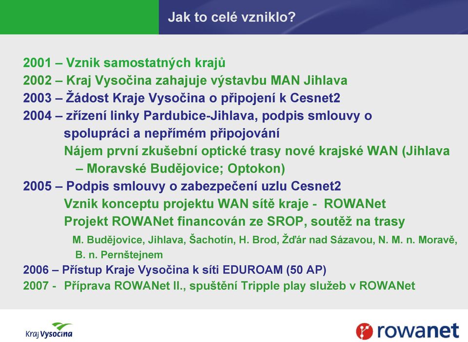 smlouvy o spolupráci a nepřímém připojování Nájem první zkušební optické trasy nové krajské WAN (Jihlava Moravské Budějovice; Optokon) 2005 Podpis smlouvy o zabezpečení