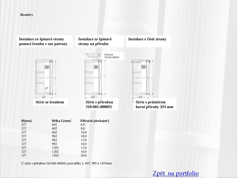 průměrem horní příruby 353 mm Ø Délka L Filtrační plocha 327 602 6,0 327 602 8,0 327 602 10,0 327 982 10,0 327