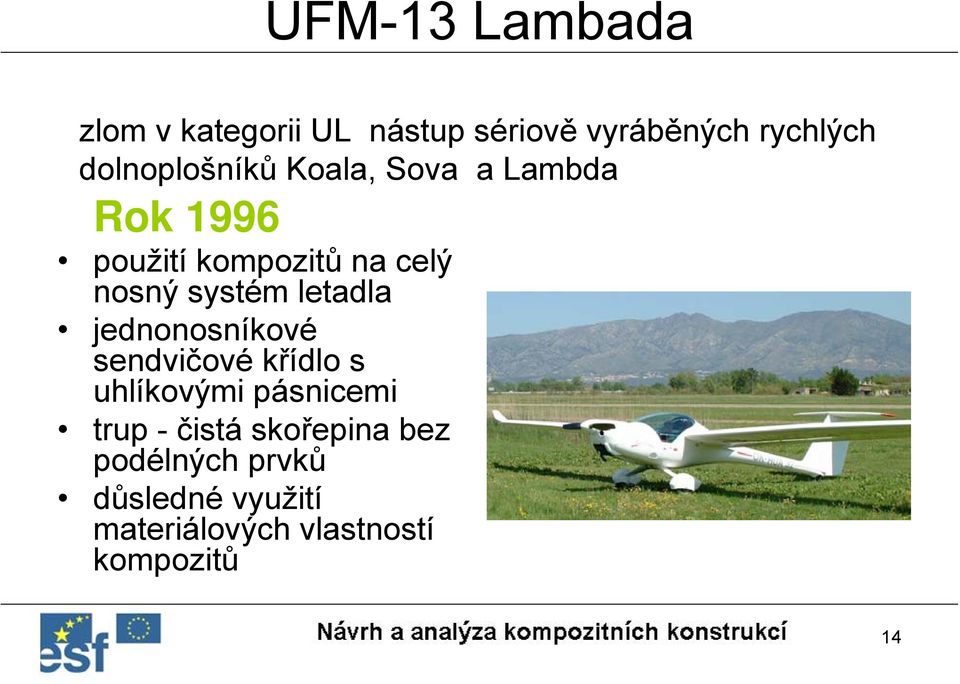 systém letadla jednonosníkové sendvičové křídlo s uhlíkovými pásnicemi trup -