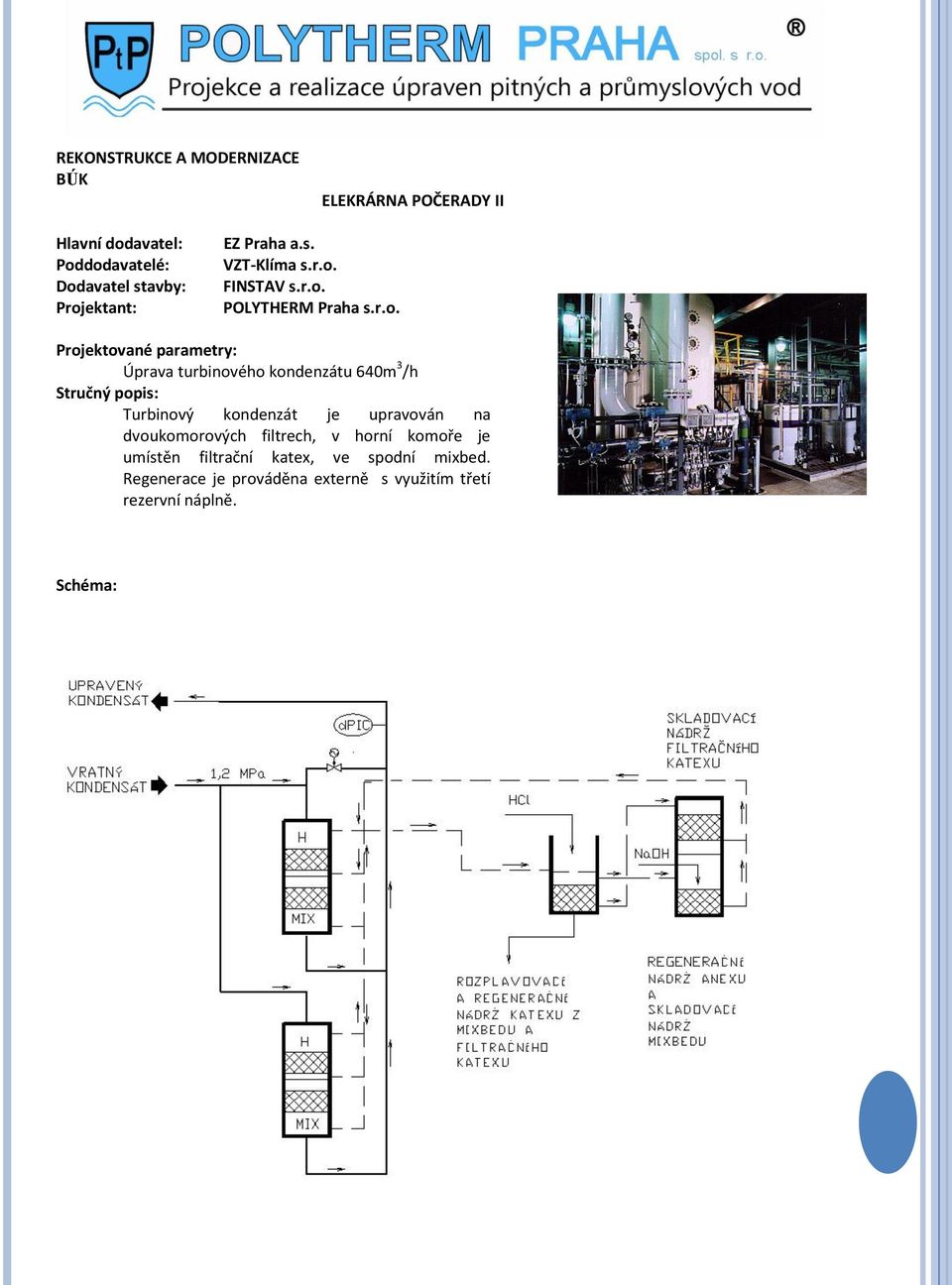 kondenzátu 640m 3 /h Stručný popis: Turbinový kondenzát je upravován na dvoukomorových filtrech, v horní