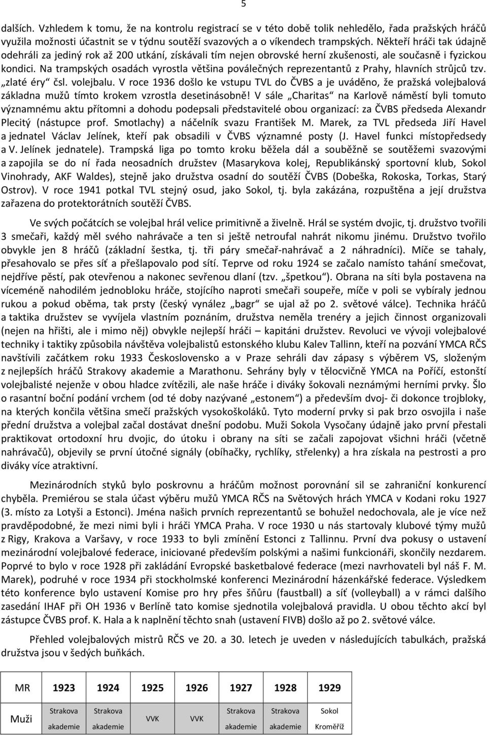 Na trampských osadách vyrostla většina poválečných reprezentantů z Prahy, hlavních strůjců tzv. zlaté éry čsl. volejbalu.