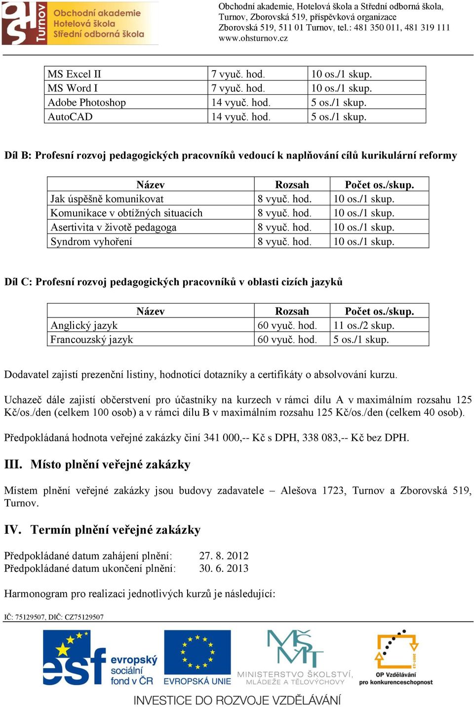 hod. 10 os./1 skup. Díl C: Profesní rozvoj pedagogických pracovníků v oblasti cizích jazyků Název Rozsah Počet os./skup. Anglický jazyk 60 vyuč. hod. 11 os./2 skup. Francouzský jazyk 60 vyuč. hod. 5 os.