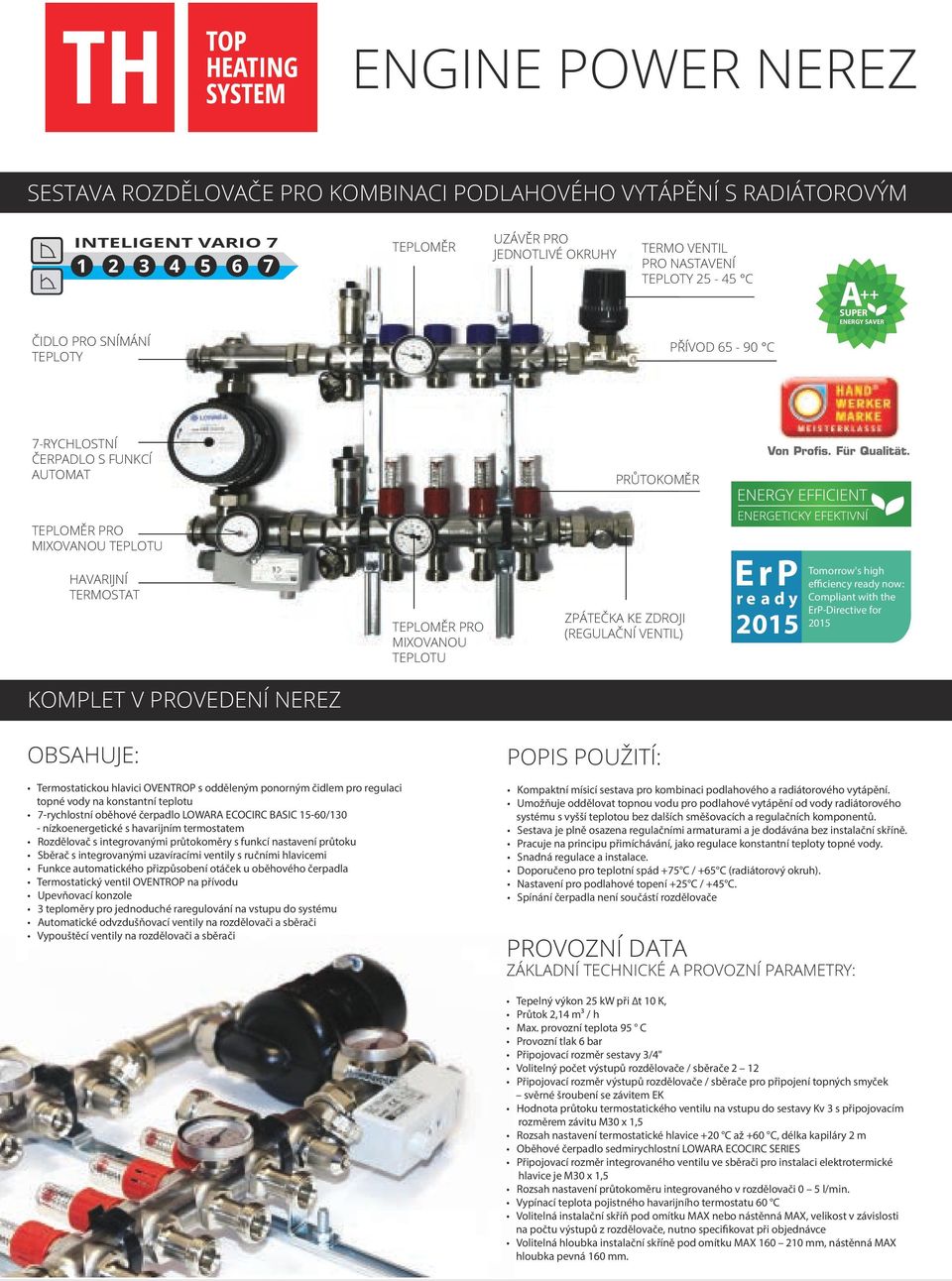 ZDROJI (REGULAČNÍ VENTIL) ErP r e ady Tomorrow's high efficiency ready now: Compliant with the ErP-Directive for KOMPLET V PROVEDENÍ NEREZ OBSAHUJE: POPIS POUŽITÍ: Termostatickou hlavici OVENTROP s