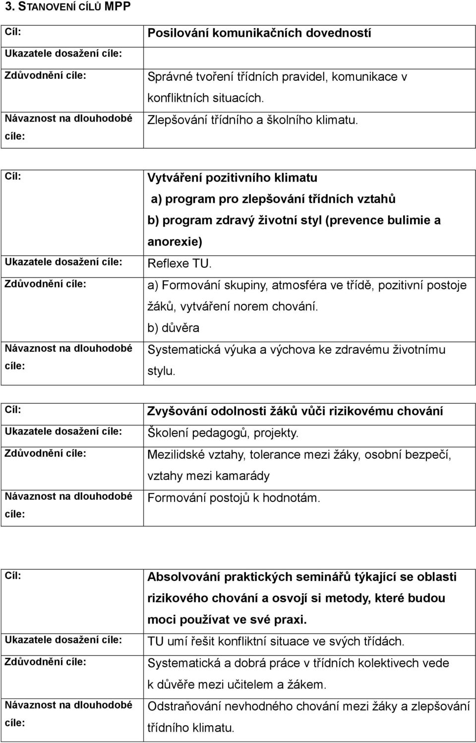 Cíl: Ukazatele dosažení cíle: Zdůvodnění cíle: Návaznost na dlouhodobé cíle: Vytváření pozitivního klimatu a) program pro zlepšování třídních vztahů b) program zdravý životní styl (prevence bulimie a