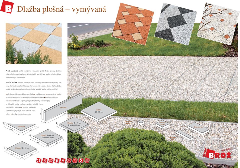 POUŽITÍ DLAŽBY: pro okolí rodinných domů, chodníky, okapové chodníčky, terasy, pěší zóny, okolí bazénů, cyklistické stezky, dvory, parkoviště a ploché střechy objektů.