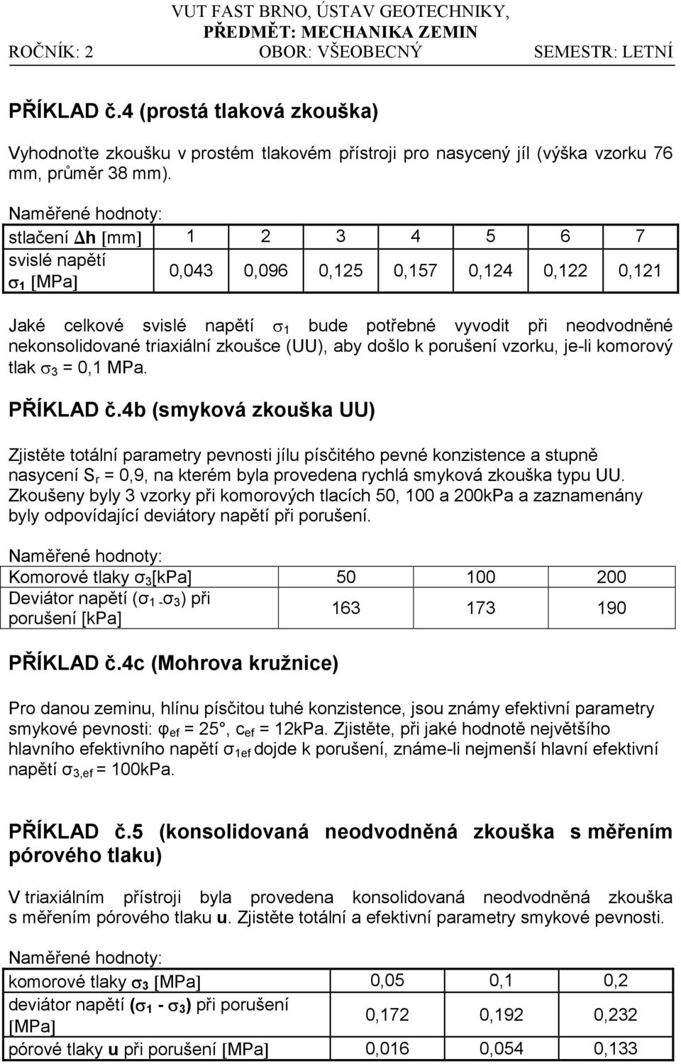 Naměřené hodnoty: stlačení h [mm] 1 2 3 4 5 6 7 svislé napětí σ 1 [MPa] 0,043 0,096 0,125 0,157 0,124 0,122 0,121 Jaké celkové svislé napětí σ 1 bude potřebné vyvodit při neodvodněné nekonsolidované