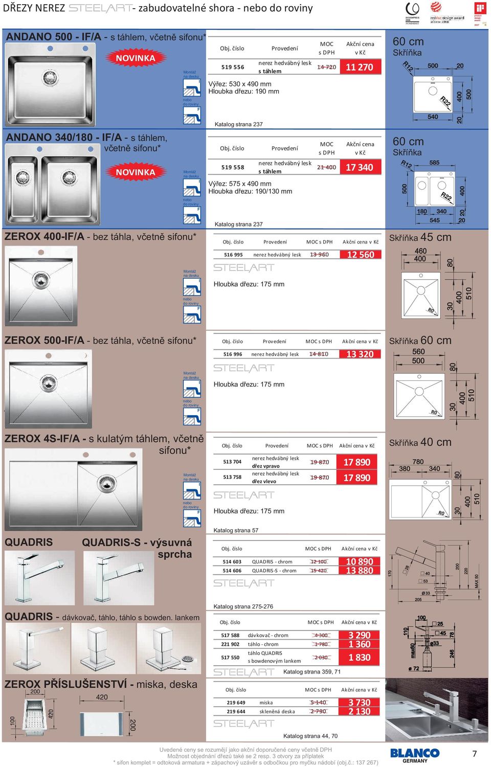 R0 ZEROX 500-IF/A - bez táhla, včetně sifonu* 516 996 14 810 13 320 Hloubka dřezu: 175 mm ZEROX 4S-IF R0 ZEROX 4S-IF/A - s kulatým táhlem, včetně sifonu* 513 704 513 758 dřez vpravo dřez vlevo 19 870
