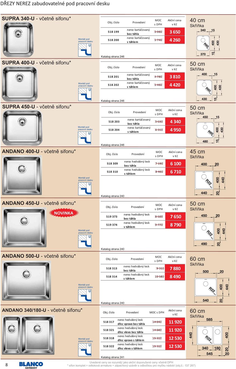 bez táhla nerez kartáčovaný s táhlem 5 630 4 340 6 310 4 950 ANDANO 400-U - včetně sifonu* Katalog strana 246 518 309 518 310 bez táhla s táhlem 7 190 6 100 8 460 6 710 Katalog strana 240 ANDANO