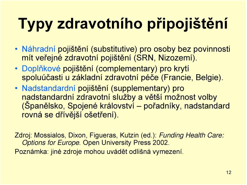 Nadstandardní pojištění (supplementary) pro nadstandardní zdravotní služby a větší možnost volby (Španělsko, Spojené království pořadníky,