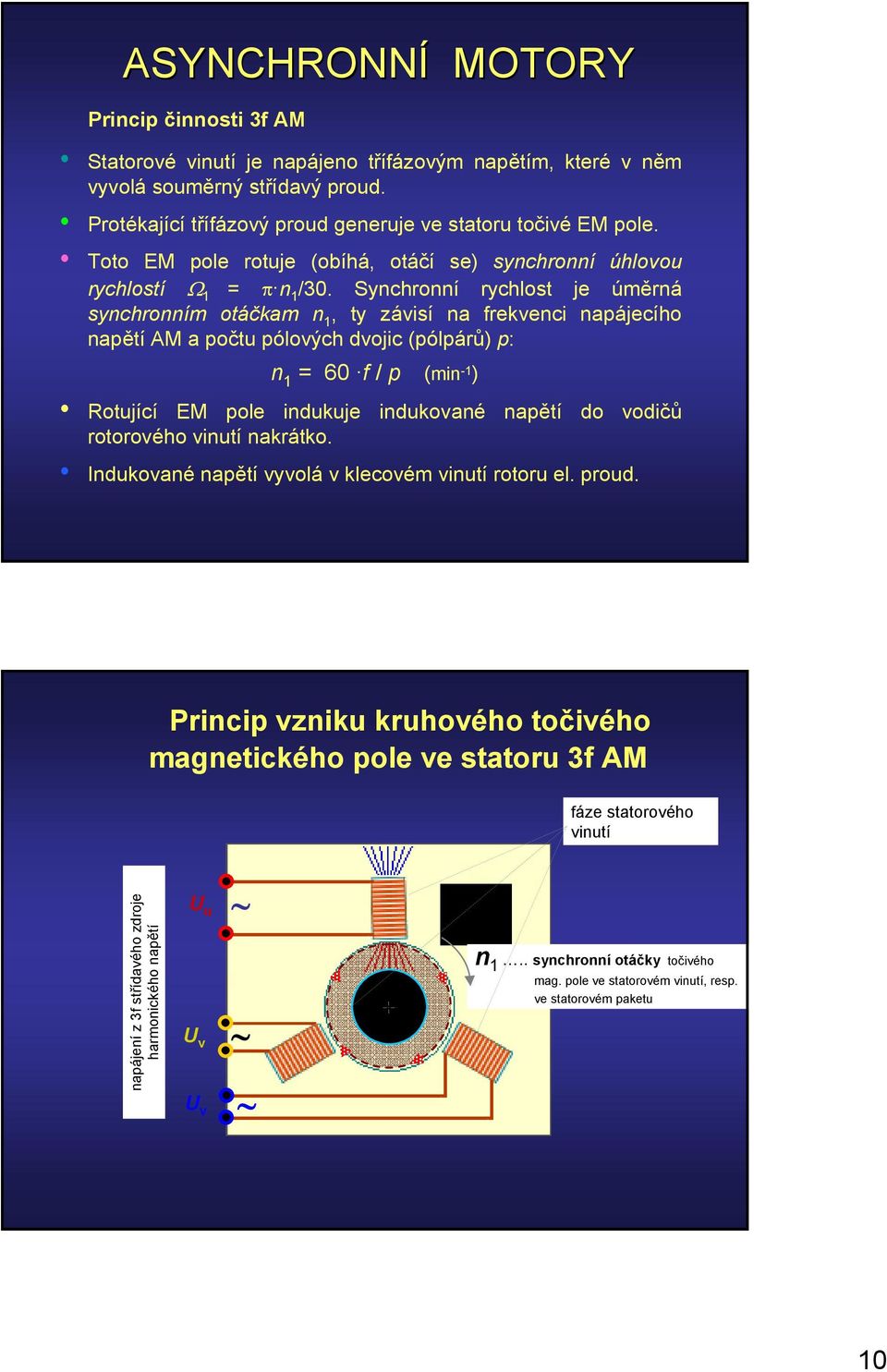 Synchronní rychlost je úměrná synchronním otáčkam n 1, ty závisí na frekvenci napájecího napětí AM a počtu pólových dvojic (pólpárů) p: n 1 = 60 f / p (min -1 ) Rotující EM pole indukuje indukované