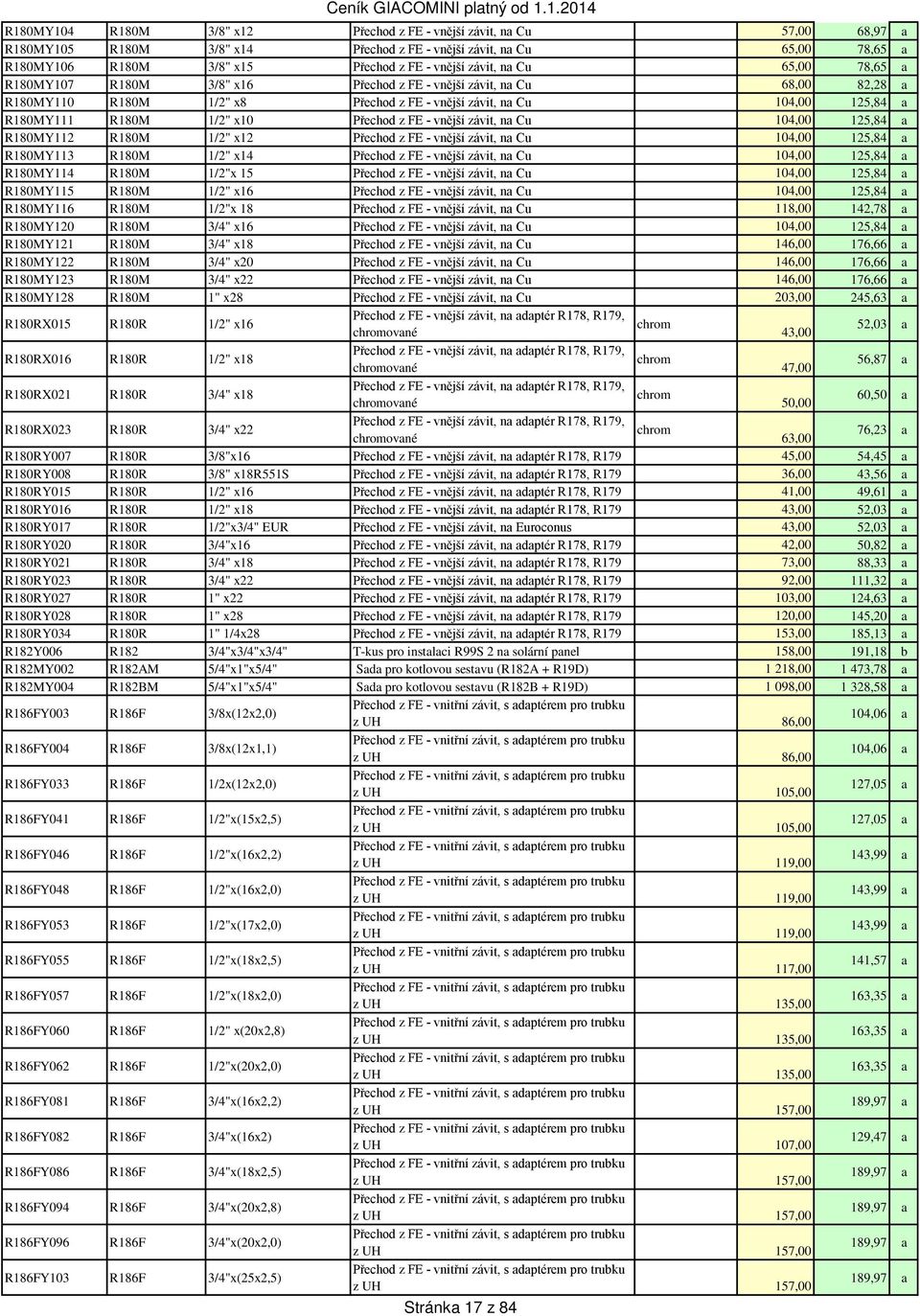 x10 Přechod z FE - vnější závit, na Cu 104,00 125,84 a R180MY112 R180M 1/2" x12 Přechod z FE - vnější závit, na Cu 104,00 125,84 a R180MY113 R180M 1/2" x14 Přechod z FE - vnější závit, na Cu 104,00