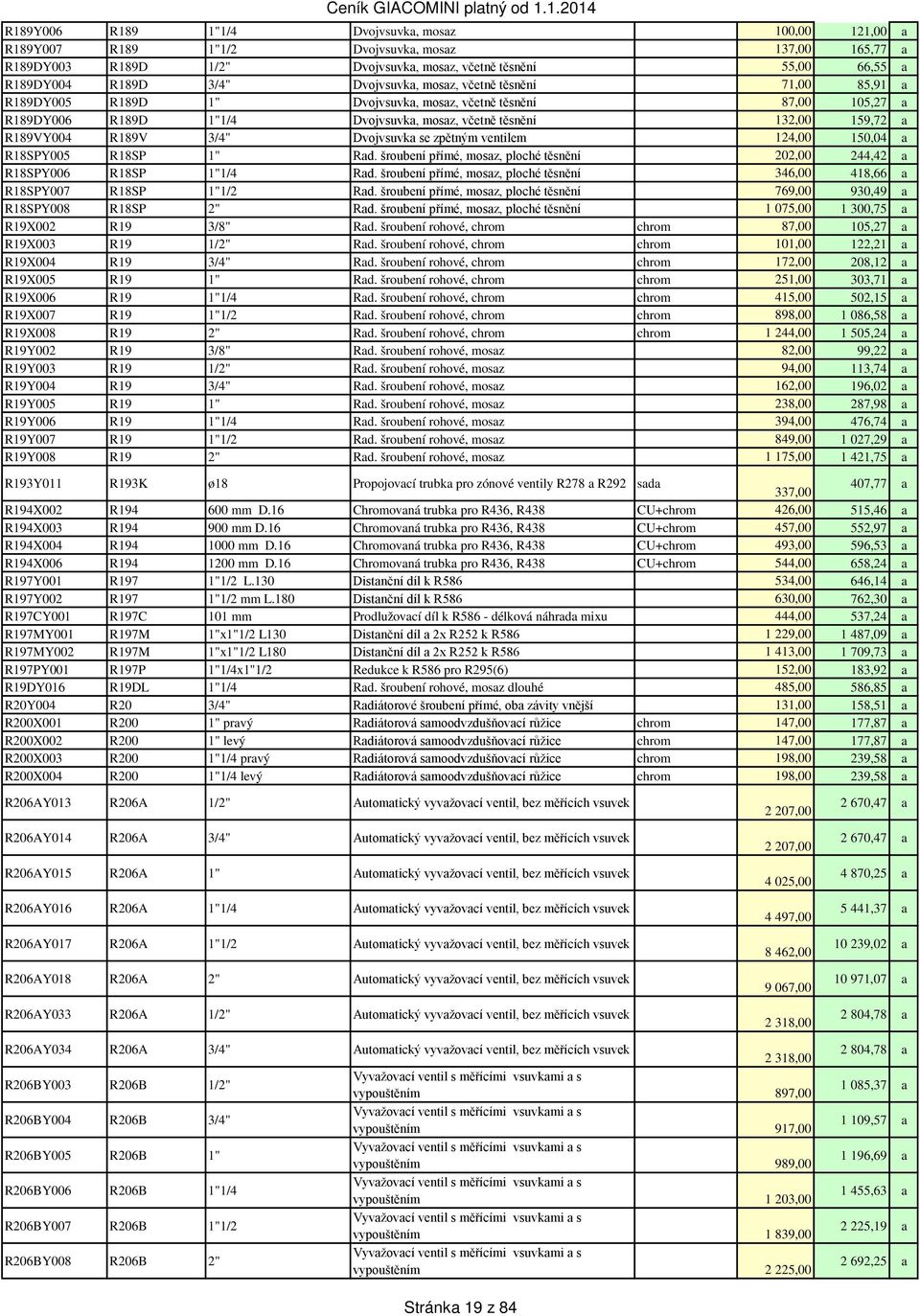 R189V 3/4" Dvojvsuvka se zpětným ventilem 124,00 150,04 a R18SPY005 R18SP 1" Rad. šroubení přímé, mosaz, ploché těsnění 202,00 244,42 a R18SPY006 R18SP 1"1/4 Rad.