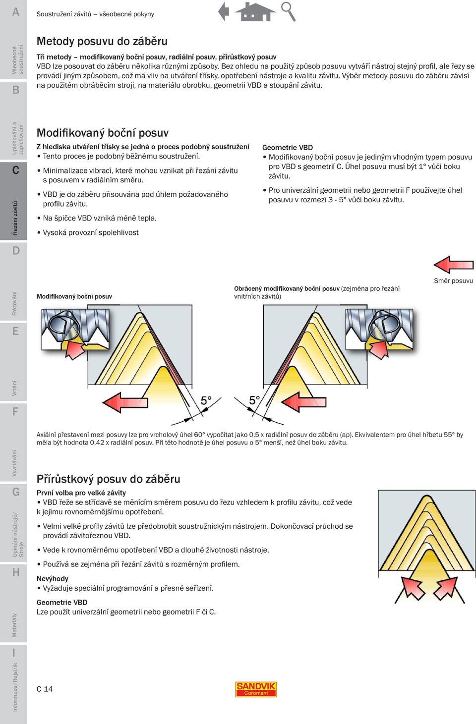 Výběr metody posuvu do záběru závisí na použitém obráběcím stroji, na materiálu obrobku, geometrii V a stoupání závitu.