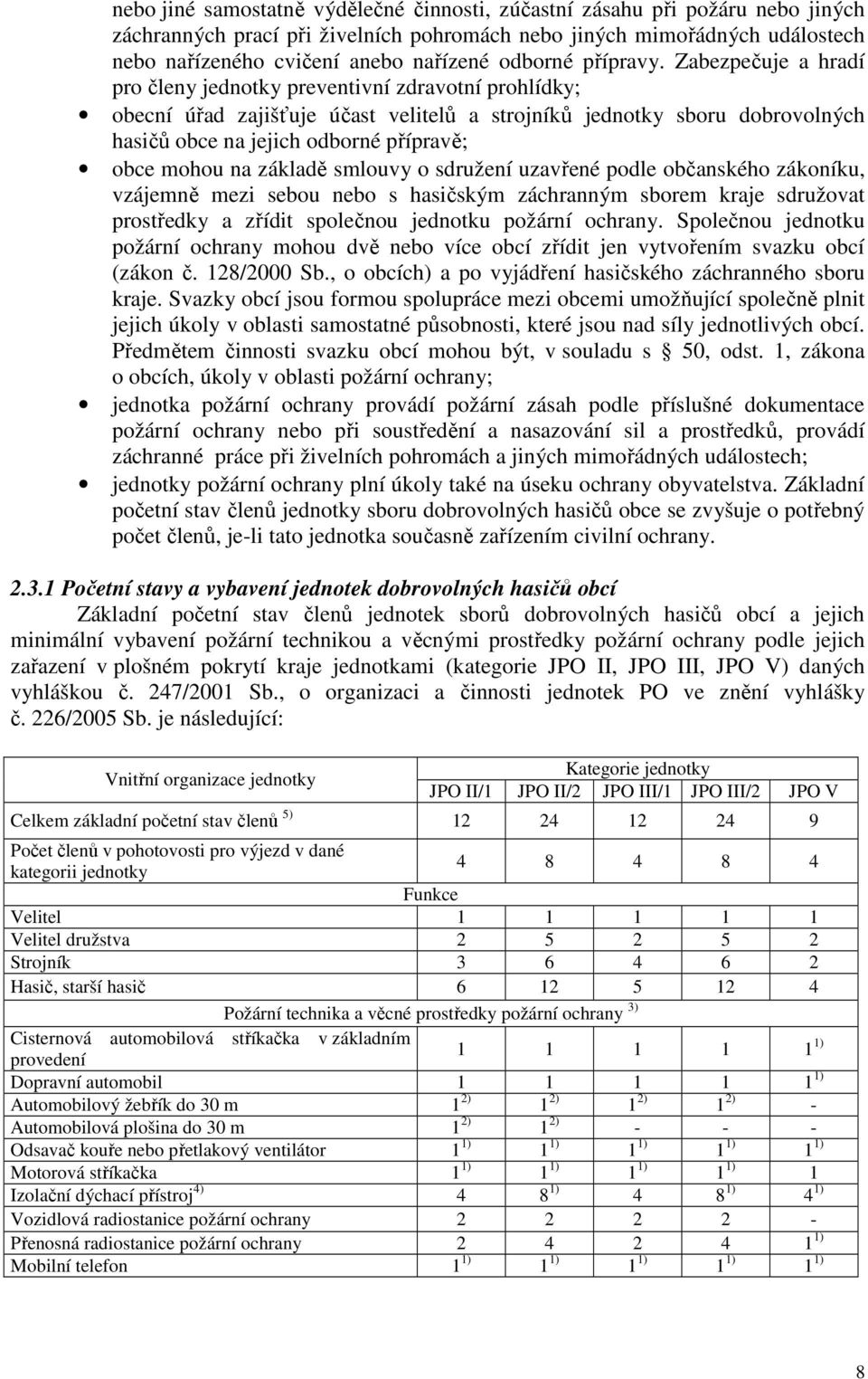 Zabezpečuje a hradí pro členy jednotky preventivní zdravotní prohlídky; obecní úřad zajišťuje účast velitelů a strojníků jednotky sboru dobrovolných hasičů obce na jejich odborné přípravě; obce mohou
