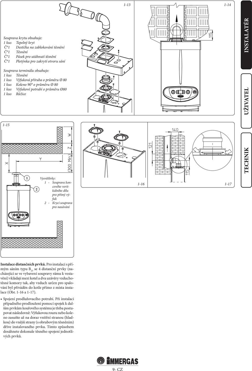 přímý výfuk 2 - Krycí souprava pro nasávání 1-16 1-17 Instalace distančních prvkú.