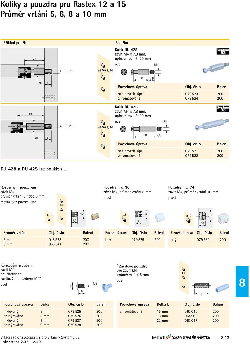 079 521 200 chromátované 079 522 200 DU 42 a DU 425 lze použít s Rozpěrným pouzdrem závit M4, průměr vrtání 5 nebo 6 mm mosaz bez povrch. úpr. Pouzdrem č. 30 závit M4, průměr vrtání mm Pouzdrem č.