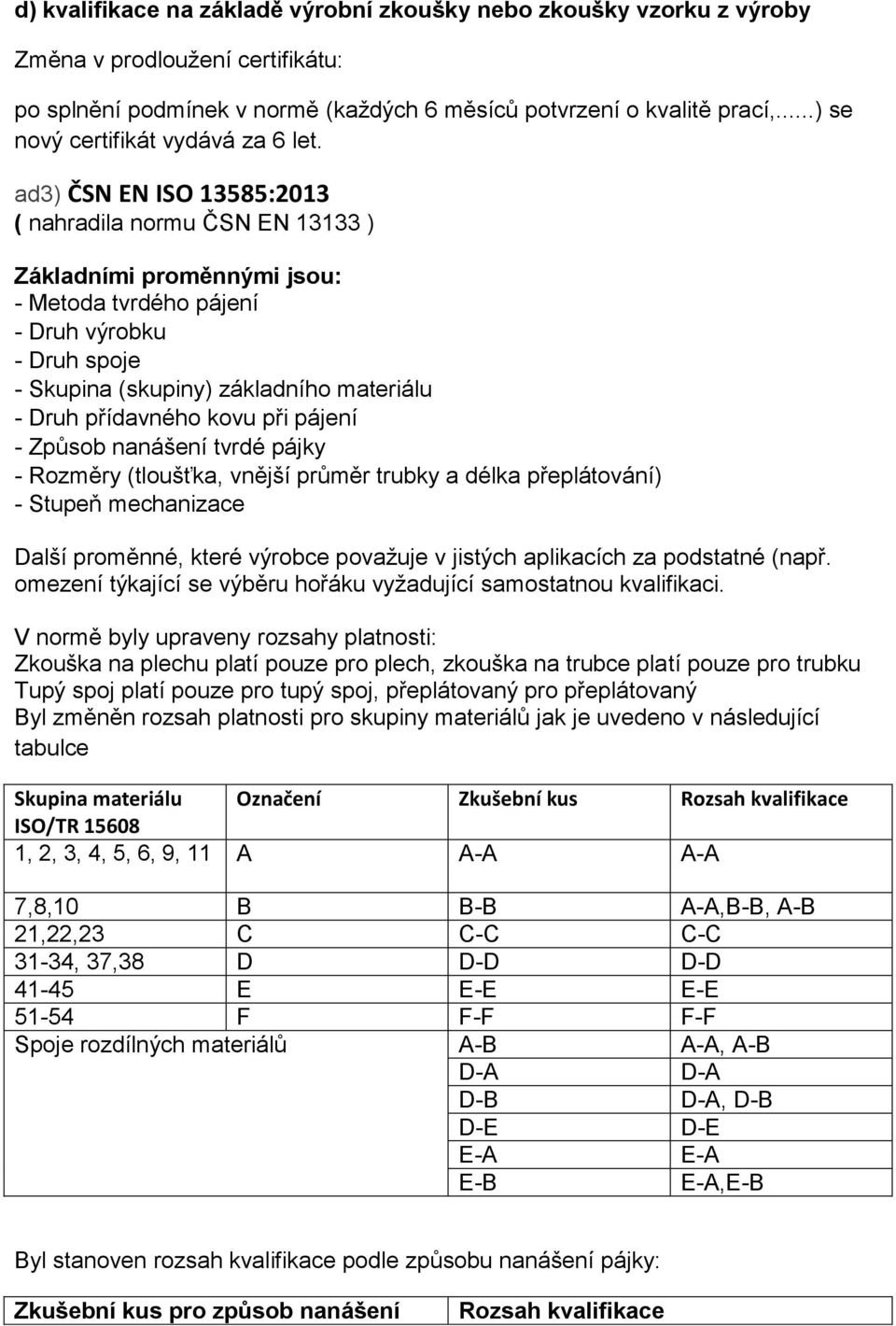 ad3) ČSN EN ISO 13585:2013 ( nahradila normu ČSN EN 13133 ) Základními proměnnými jsou: - Metoda tvrdého pájení - Druh výrobku - Druh spoje - Skupina (skupiny) základního materiálu - Druh přídavného