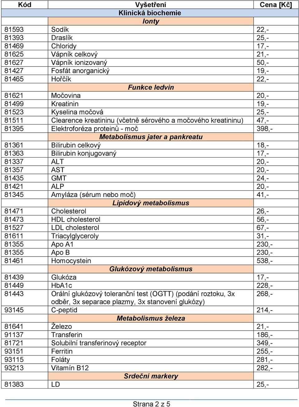 a pankreatu 81361 Bilirubin celkový 18,- 81363 Bilirubin konjugovaný 17,- 81337 ALT 20,- 81357 AST 20,- 81435 GMT 24,- 81421 ALP 20,- 81345 Amyláza (sérum nebo moč) 41,- Lipidový metabolismus 81471