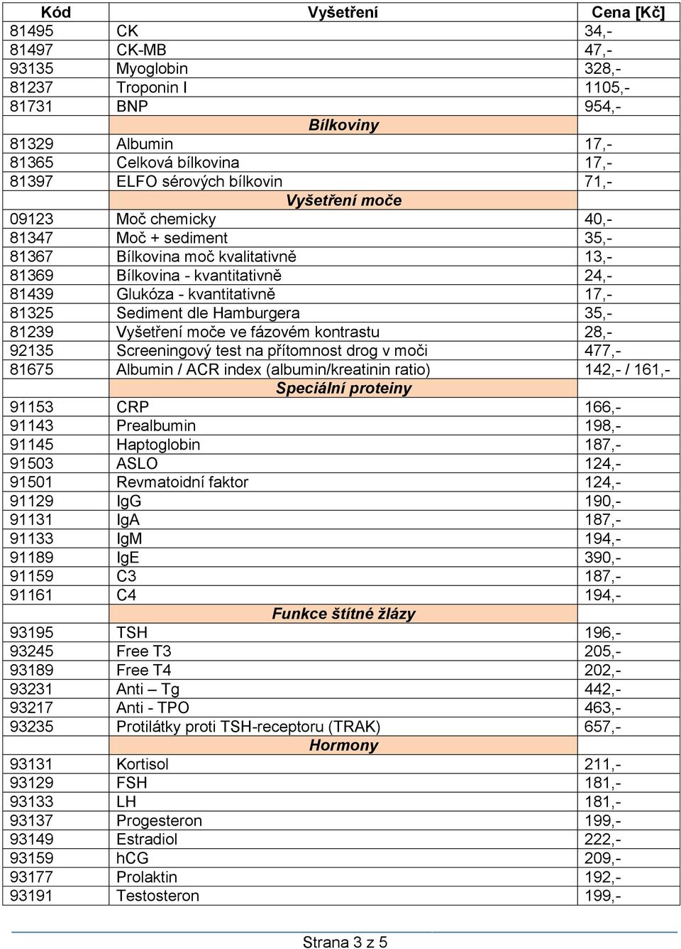 81239 Vyšetření moče ve fázovém kontrastu 28,- 92135 Screeningový test na přítomnost drog v moči 477,- 81675 Albumin / ACR index (albumin/kreatinin ratio) 142,- / 161,- Speciální proteiny 91153 CRP