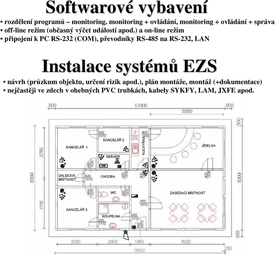 ) a on-line režim připojení k PC RS-232 (COM), převodníky RS-485 na RS-232, LAN Instalace systémů EZS
