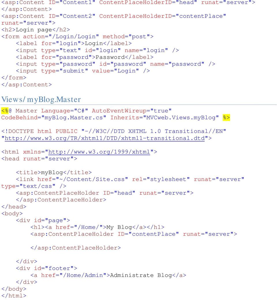 type="submit" value="login" /> </form> Views/myBlog.Master <%@ Master Language="C#" AutoEventWireup="true" CodeBehind="myBlog.Master.cs" Inherits="MVCweb.Views.myBlog" %> <!