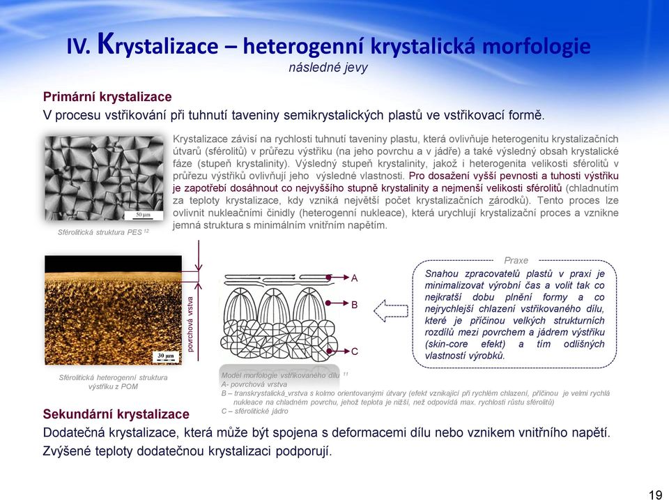 a také výsledný obsah krystalické fáze (stupeň krystalinity). Výsledný stupeň krystalinity, jakož i heterogenita velikosti sférolitů v průřezu výstřiků ovlivňují jeho výsledné vlastnosti.