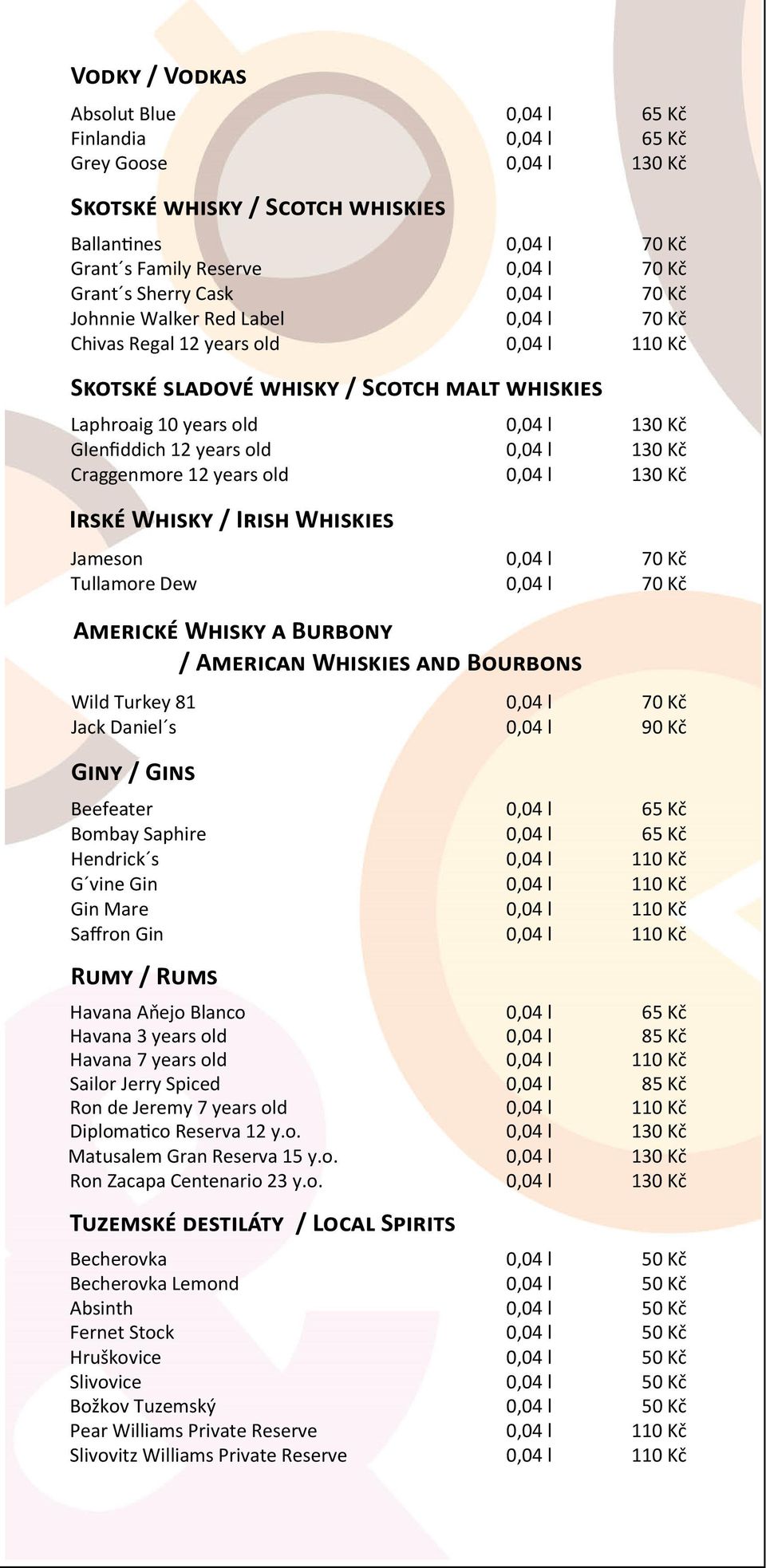 old 0,04 l 130 Kč Craggenmore 12 years old 0,04 l 130 Kč Irské Whisky / Irish Whiskies Jameson 0,04 l 70 Kč Tullamore Dew 0,04 l 70 Kč Americké Whisky a Burbony / American Whiskies and Bourbons Wild