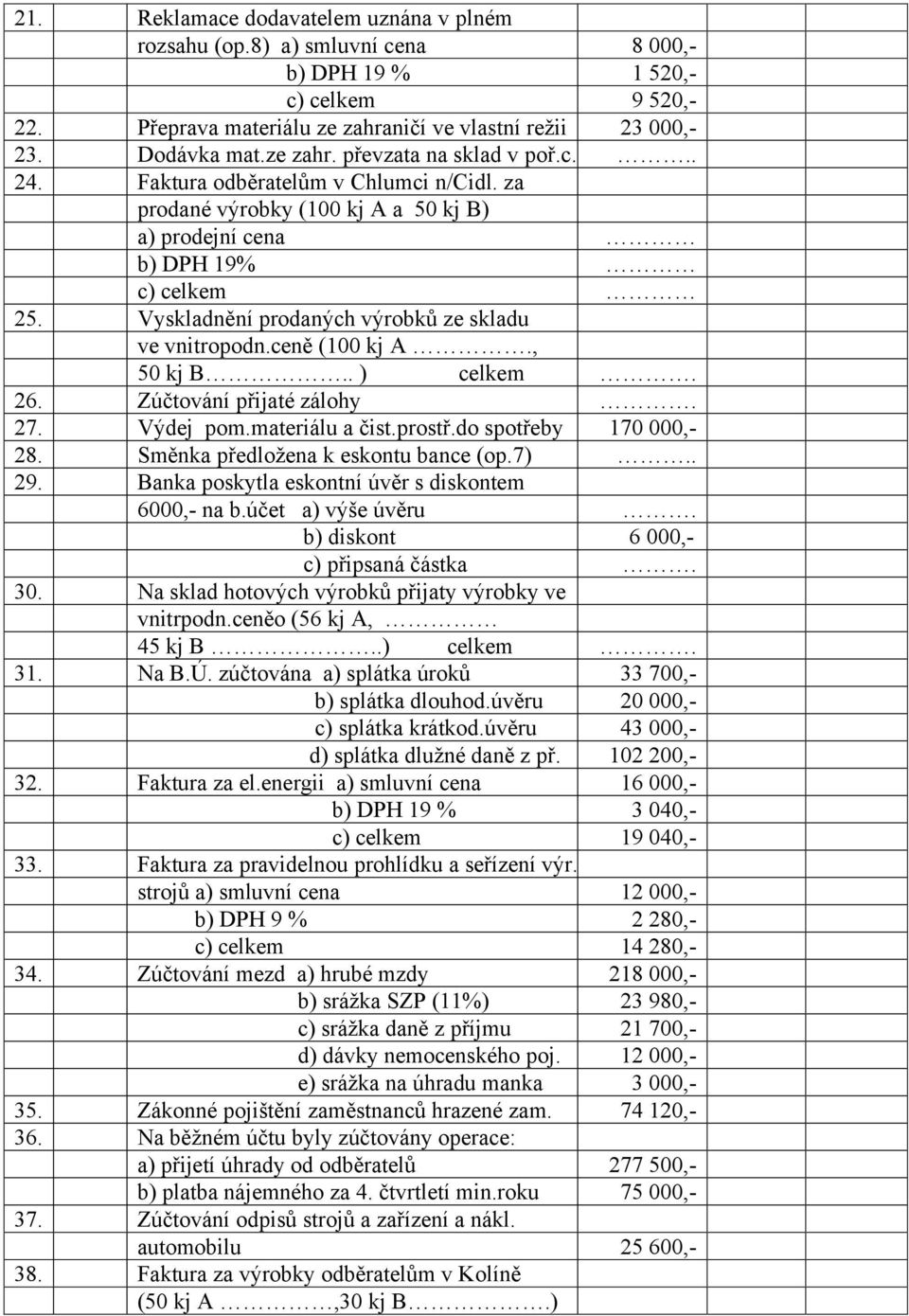 Vyskladnění prodaných výrobků ze skladu ve vnitropodn.ceně (100 kj A., 50 kj B.. ) celkem. 26. Zúčtování přijaté zálohy. 27. Výdej pom.materiálu a čist.prostř.do spotřeby 170 000,- 28.