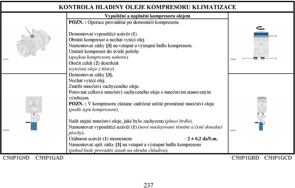 Otočit celek (2) desetkrát (vytečení oleje z hlavy). Demontovat zátky [3]. Nechat vytéct olej. Změřit množství zachyceného oleje.