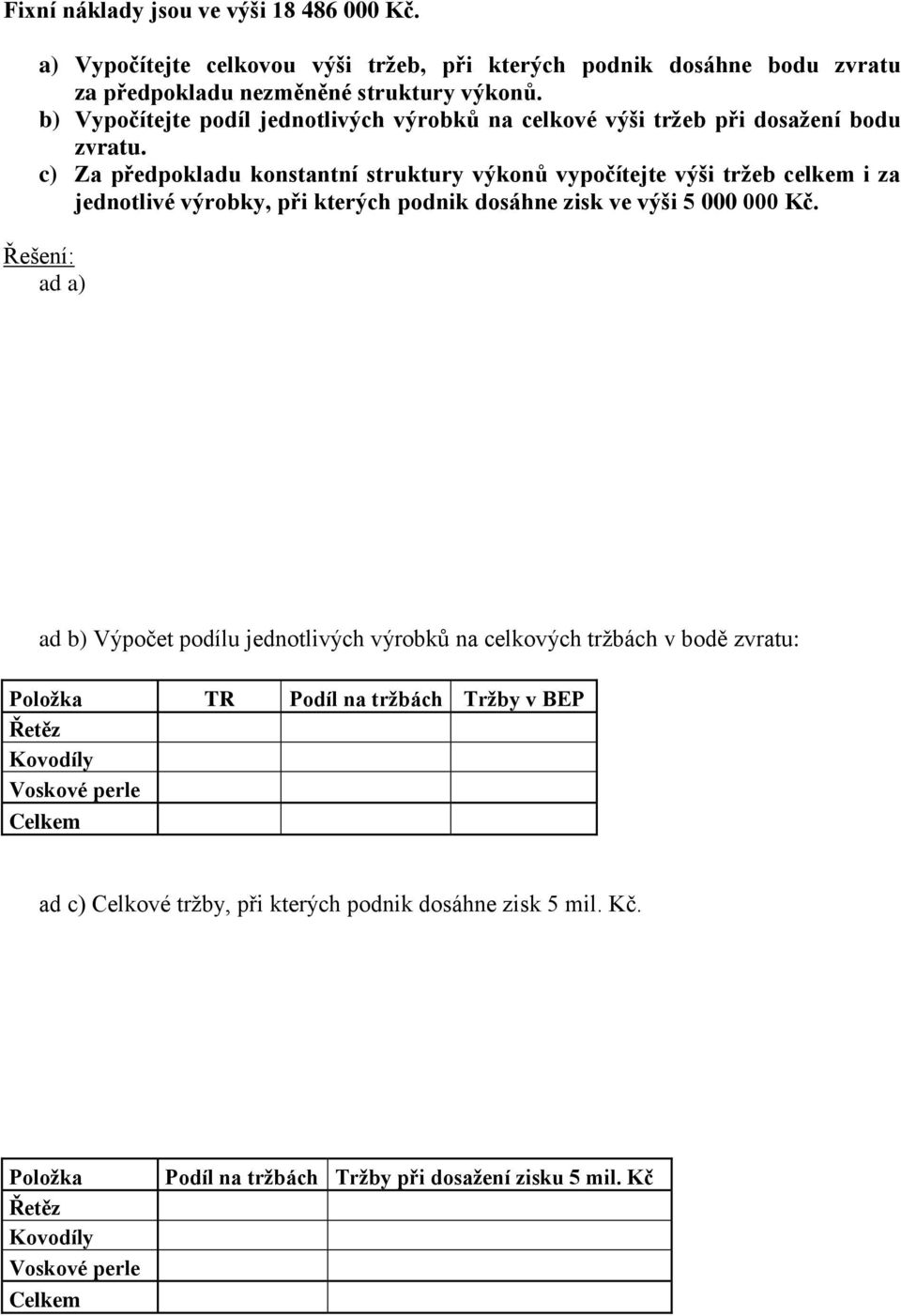 c) Za předpokladu konstantní struktury výkonů vypočítejte výši tržeb celkem i za jednotlivé výrobky, při kterých podnik dosáhne zisk ve výši 5 000 000 Kč.