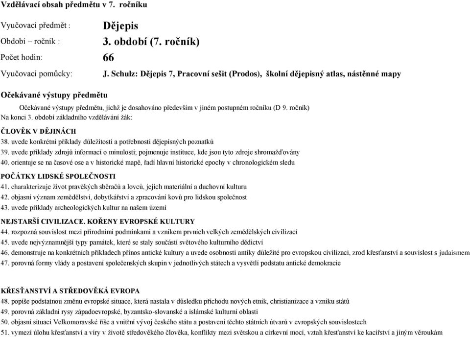 ročník) Na konci 3. období základního vzdělávání žák: ČLOVĚK V DĚJINÁCH 38. uvede konkrétní příklady důležitosti a potřebnosti dějepisných poznatků 39.