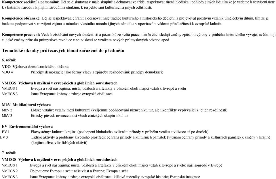 Kompetence občanské: Učí se respektovat, chránit a oceňovat naše tradice kulturního a historického dědictví a projevovat pozitivní vztah k uměleckým dílům, tím že je budeme podporovat v rozvíjení