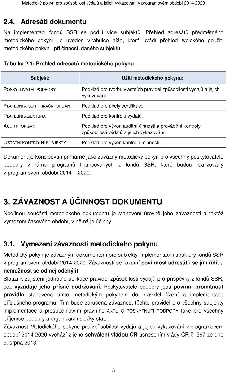 1: Přehled adresátů metodického pokynu Subjekt: POSKYTOVATEL PODPORY PLATEBNÍ A CERTIFIKAČNÍ ORGÁN PLATEBNÍ AGENTURA AUDITNÍ ORGÁN OSTATNÍ KONTROLNÍ SUBJEKTY Užití metodického pokynu: Podklad pro