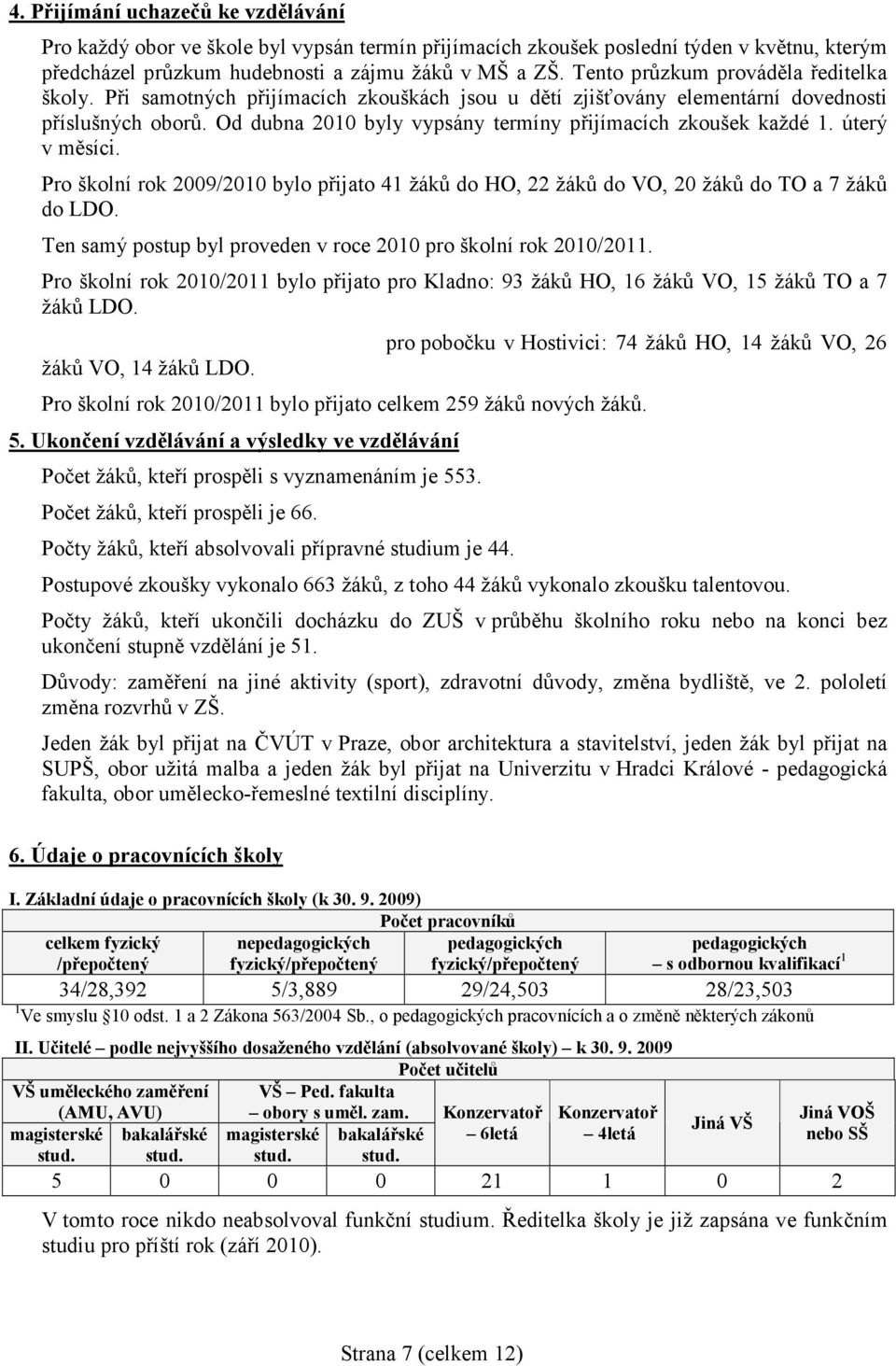 Od dubna 2010 byly vypsány termíny přijímacích zkoušek každé 1. úterý v měsíci. Pro školní rok 2009/2010 bylo přijato 41 žáků do HO, 22 žáků do VO, 20 žáků do TO a 7 žáků do LDO.