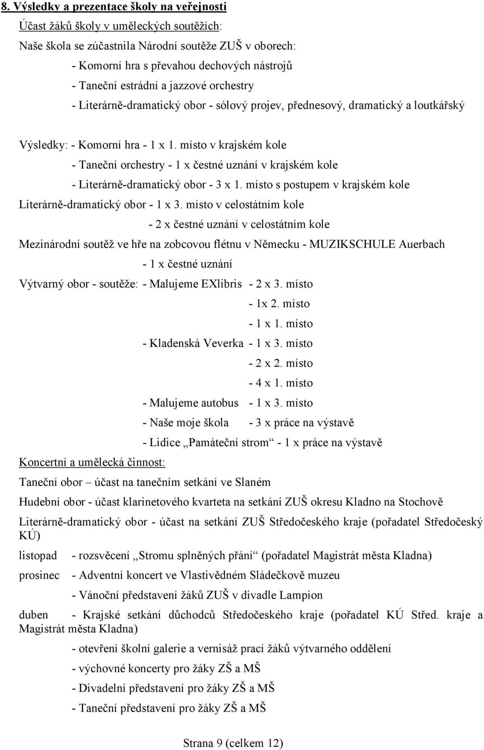 místo v krajském kole - Taneční orchestry - 1 x čestné uznání v krajském kole - Literárně-dramatický obor - 3 x 1. místo s postupem v krajském kole Literárně-dramatický obor - 1 x 3.