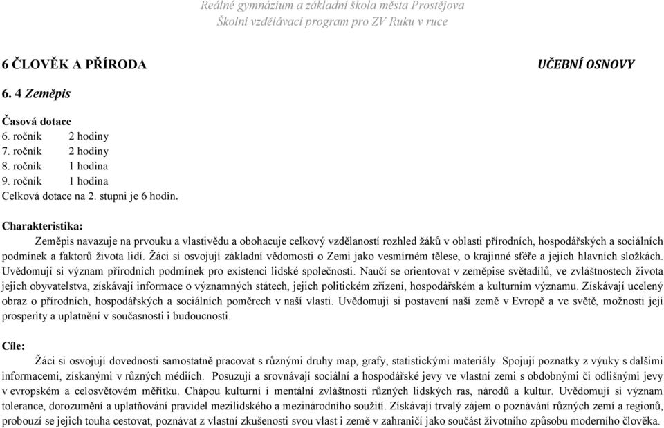 Žáci si osvojují základní vědomosti o Zemi jako vesmírném tělese, o krajinné sféře a jejich hlavních složkách. Uvědomují si význam přírodních podmínek pro existenci lidské společnosti.