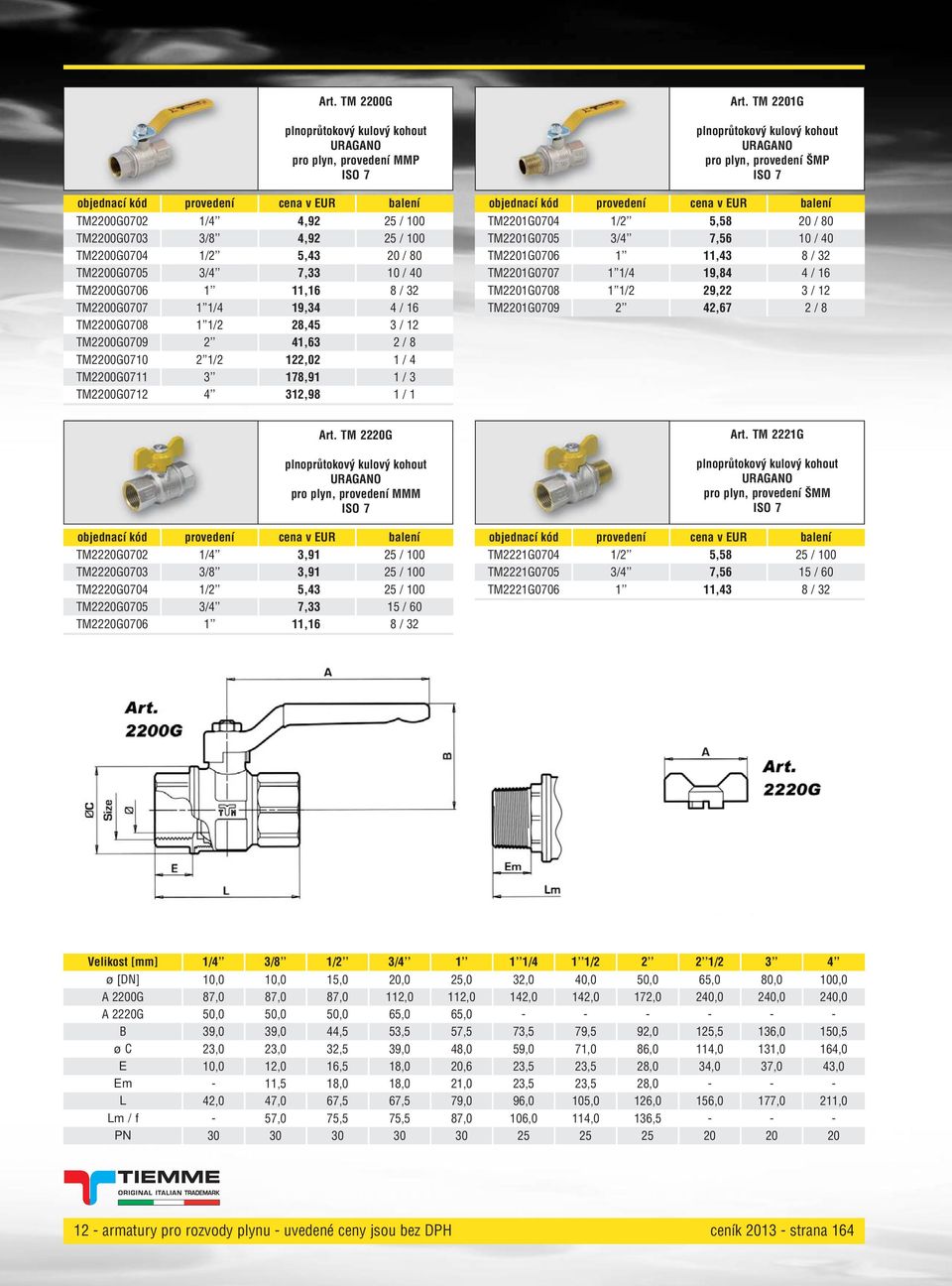 TM 21G pro plyn, provedení ŠMP TM21G0704 5,58 / 80 TM21G0705 7,56 10 / 40 TM21G0706 11,43 8 / 32 TM21G0707 1/4 19,84 4 / 16 TM21G0708 1/2 29,22 3 / 12 TM21G0709 2 42,67 2 / 8 Art.