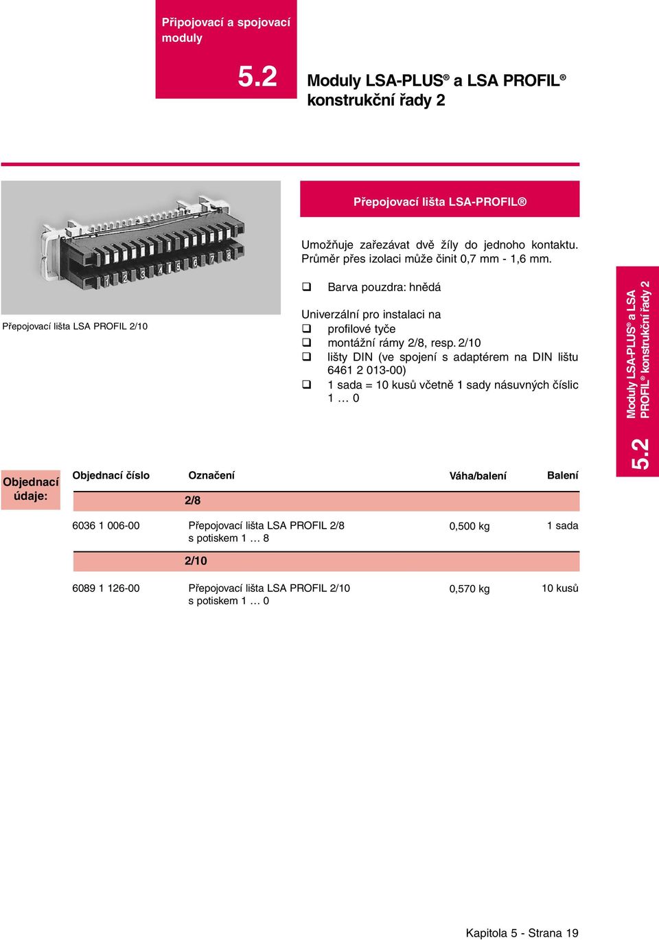 2/10 lišty DIN (ve spojení s adaptérem na DIN lištu 6461 2 013-00) 1 sada = včetně 1 sady násuvných číslic 1 0 Moduly LSA-PLUS a LSA PROFIL konstrukční řady 2