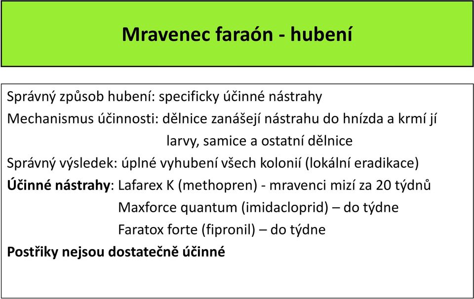 vyhubení všech kolonií (lokální eradikace) Účinné nástrahy: Lafarex K (methopren)- mravenci mizí za 20