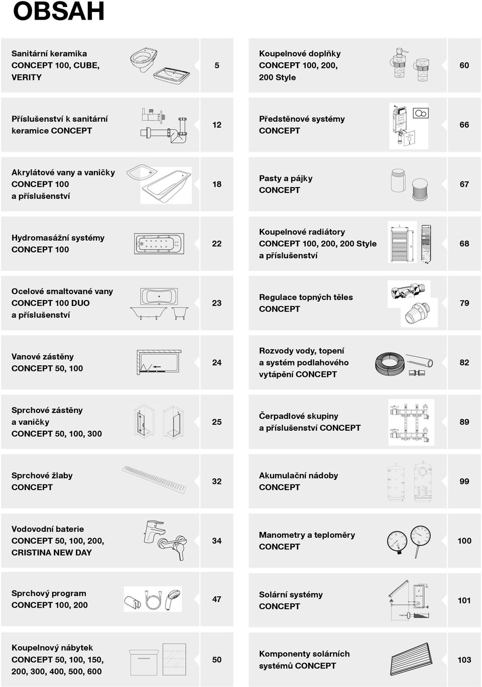 Ocelové smaltované vany CONCEPT 100 DUO a příslušenství 23 Regulace topných těles CONCEPT 79 Vanové zástěny CONCEPT 50, 100 24 Rozvody vody, topení a systém podlahového vytápění CONCEPT 82 Sprchové