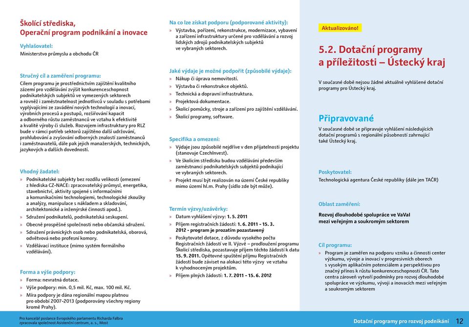 inovací, výrobních procesů a postupů, rozšiřování kapacit a odborného růstu zaměstnanců ve vztahu k efektivitě a kvalitě výroby či služeb.