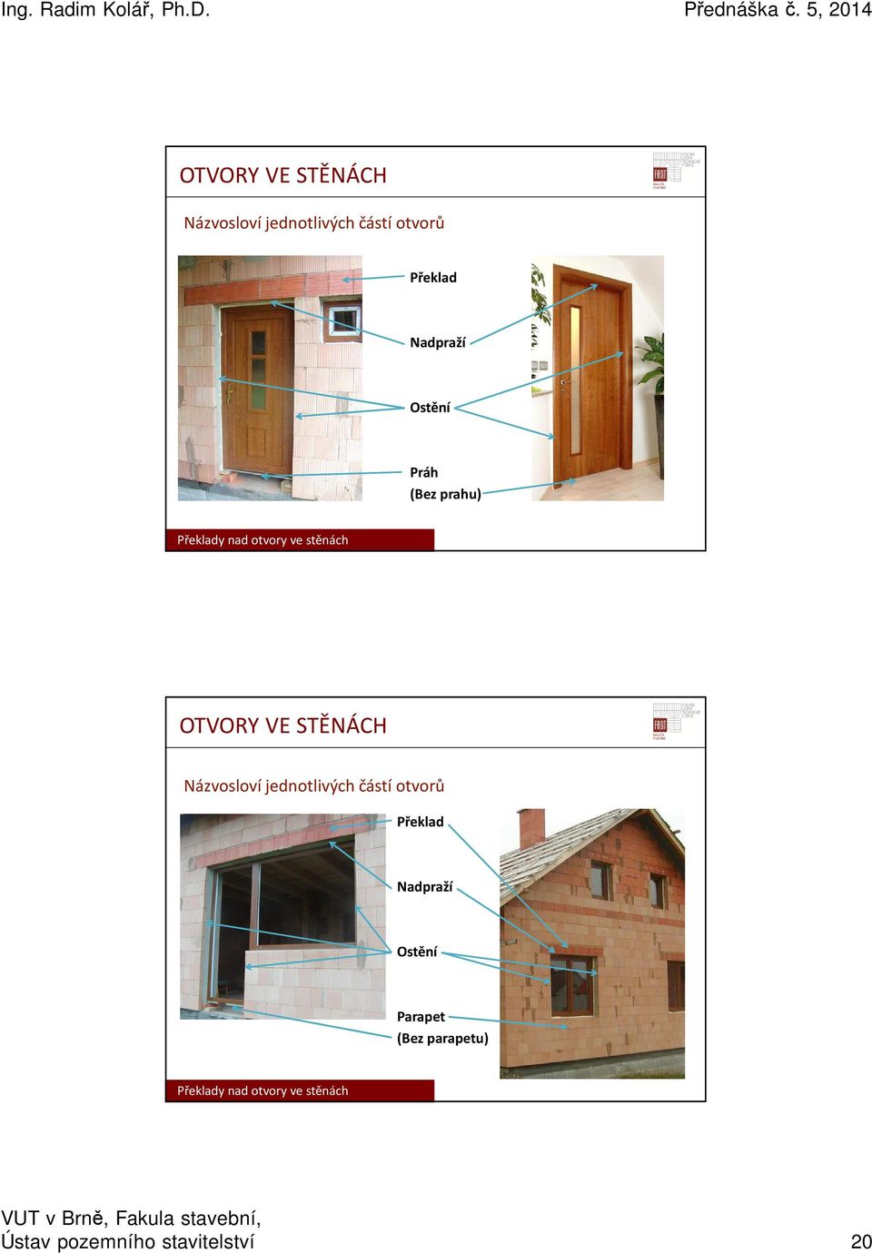 Nadpraží Ostění Parapet (Bez parapetu) Ústav pozemního